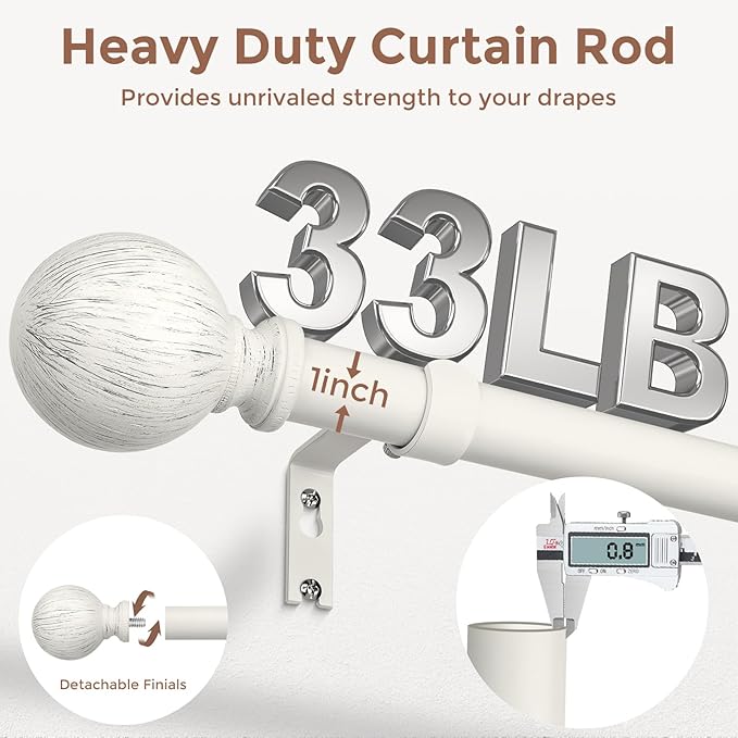 2 Pack Antique White Curtain Rods for Windows 48 to 84 Inch, 1 Inch Boho Decorative Vintage Drapery Rod with Antique White Finials, Adjustable Heavy Duty Rustic Farmhouse Metal Curtain Pole