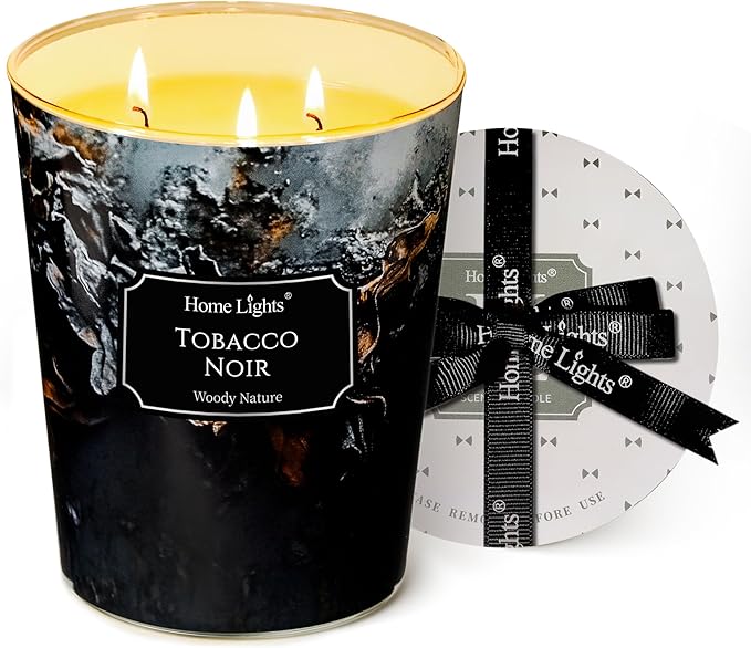 HomeLights Scented Candles for Women & Men, 34oz Candle Jars Aromatherapy 3-Wick Candle, Ideal for Industrial Chic Home Decor and Gifts, Tobacco Noir