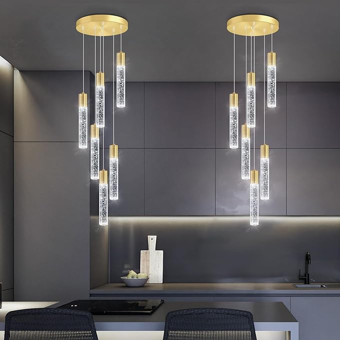 6-Lights Modern Crystal Chandeliers for Dining Room Kitchen Island Crystal Pendants Light Fixture High Ceiling Hanging for Entryway Bedroom Foyer 6000K