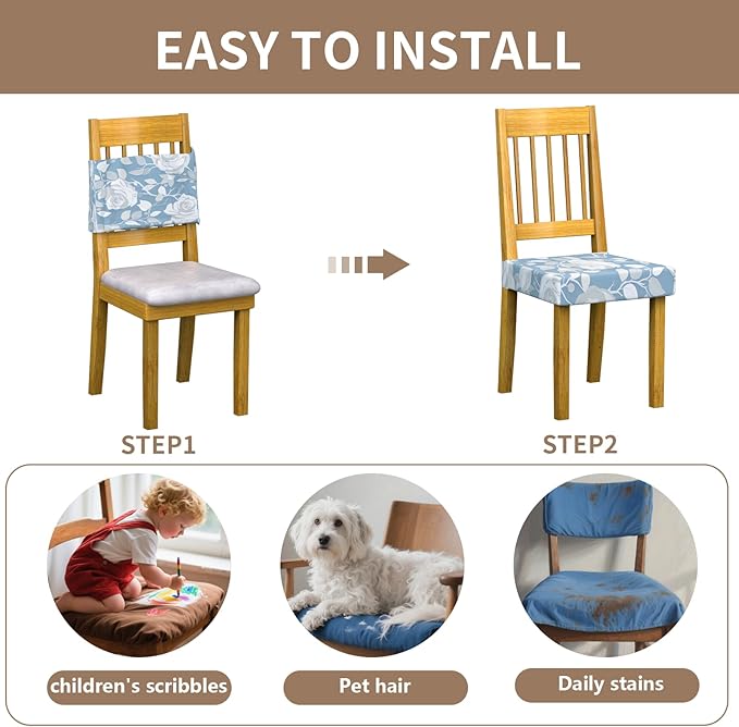 Stretch Dining Chair Seat Covers Set of 4,Dining Chair Slipcovers, Floral Printed Chair Covers,Soft Fabric Washable Upholstered Chair Seat Protector, No Rear Covers for Home Kitchen Dining Room