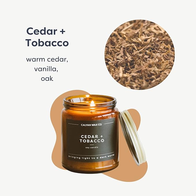 Calyan Wax Co. Cedar & Tobacco Scented Candle - 57 Hour Burn - Luxury Non Toxic Soy Wax Candles - Long Lasting Amber Glass Jar Candle for Home - 7.2oz