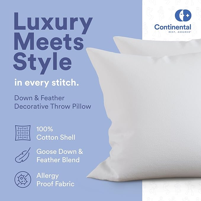 Continental Bedding | 10/90 Down and Feather Throw Pillow Insert | 100% Cotton 250TC Shell | Medium Loft Decorative Cushion | 24x24 | 2 Pack