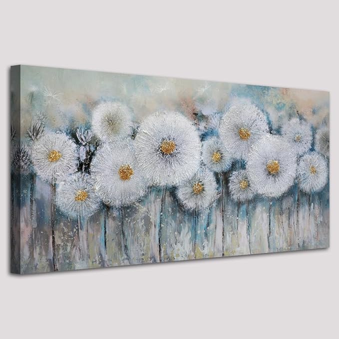 Acocifi Floral Canvas Wall Art for Living Room Dandelion Picture Large Flower Bedroom Painting 60% Handmade Textured, Grey Vintage Artwork Framed for Dining Room Office Home Decor 40"x20"