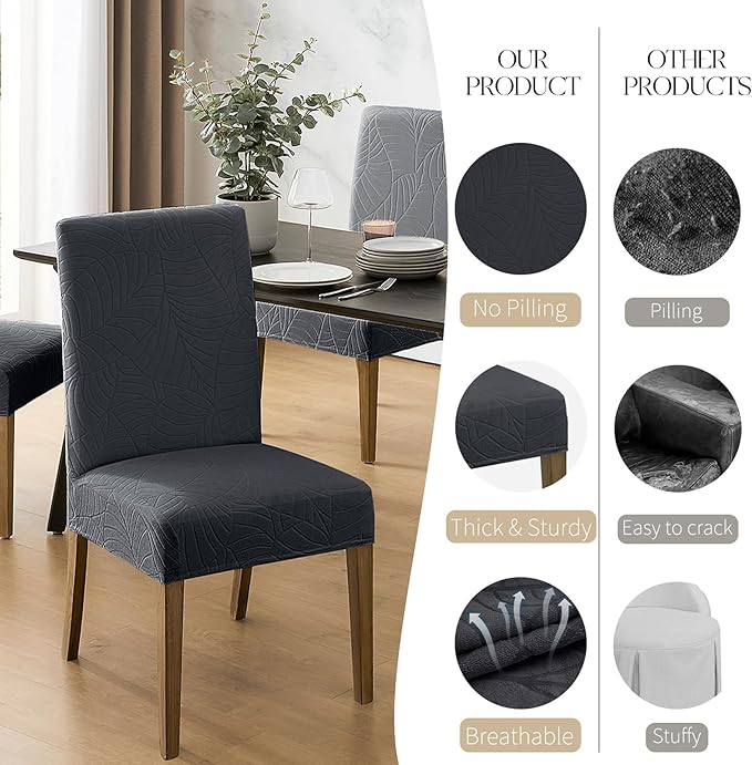 MOSAYT 100% Waterproof Dining Room Chair Covers Set of 4, Super Fit Stretch Jacquard Parson Chairs Slipcovers Removable Washable Chair Seat Protectors for Home, Kitchen, Banquet (Dark Grey - XL)