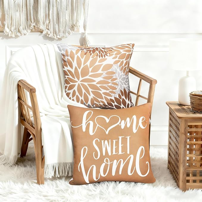 Decorative Throw Pillow Covers Set of 4 Coffee Pillow Covers 18x18 inch Fall Throw Pillow Cover Linen Square Pillowcases Cushion Cover,Boho Pillow Covers for Couch Sofa Farmhouse Home