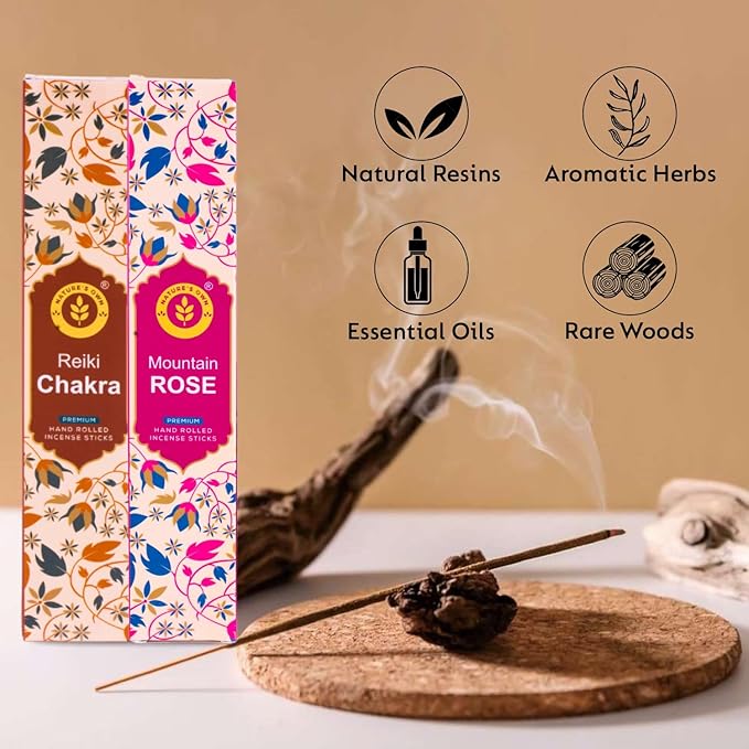 Incense Sticks Gift Pack – 6 Fragrances x 20 Sticks Each, Hand Rolled Insents with Incense Holder – Nag Champa Spiritual Healing Yogic Meditation Mountain Rose Reiki Chakra 7 Chakras