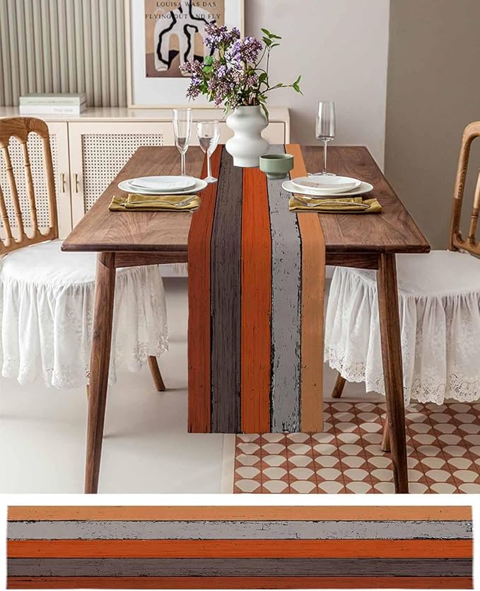 Farmhouse Cotton Linen Table Runner Dresser Scarf Retro Rustic Barn Wood Texture Ombre Burnt Orange Gray Non-Slip Rectangle Settings Decoration for Kitchen Home Dining Holiday,72 inches Long
