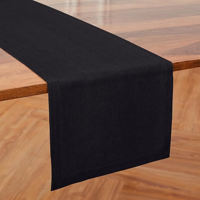 Solino Home Linen Black Table Runner 60 Inches - 100% Pure Linen Short Table Runner 14 x 60 Inch Ideal for Dresser and Coffee Tables - Diana Medium Weight