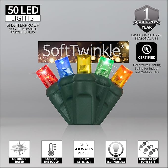 SoftTwinkle Slow Twinkling Christmas Lights, Soft Twinkle String Lights Pulsing Christmas Lights (50 Lights, 25.5 Ft, Multicolor)