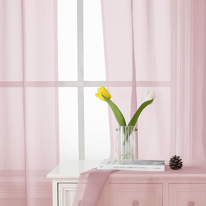 Lecloud Blush Pink Sheer Curtains 84 Inches Long 2 Panels Set, Light Filtering Window Curtains for Living Room Bedroom, Solid Voile French Door/Dining Room Drapes with Dual Rod Pocket, 40" W X 84" L