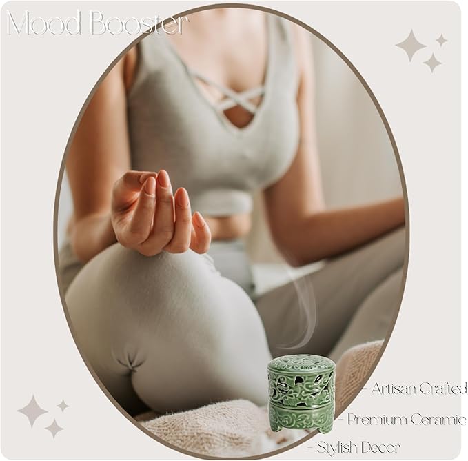 Incense Burner with Lid, Ceramic Incense Holder for Stick Cones & Coils Incense with Burn Cotton for Home, Office, Yoga, Green Lotus