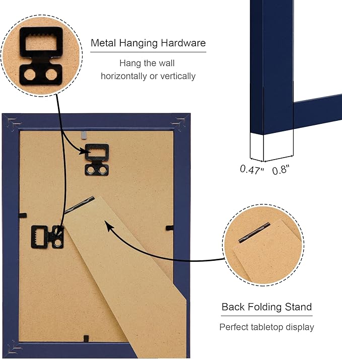 5x7 Picture Frame Set of 2, 5 x 7 Wood Photo Frames with Mat for 4x6, Natural Wooden Frame with Real Glass Cover for Wall and Tabletop Display,Blue