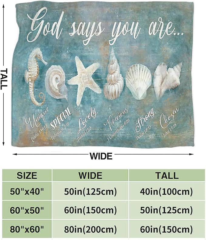 Tijuboni Ocean Seashells Throw Blanket - God Says You are - Beach Nautical Gifts for Women Men Girls Boys Kids Adults Soft Flannel Fleece Blanket for Couch Sofa Bed Home Decor 60"x80"
