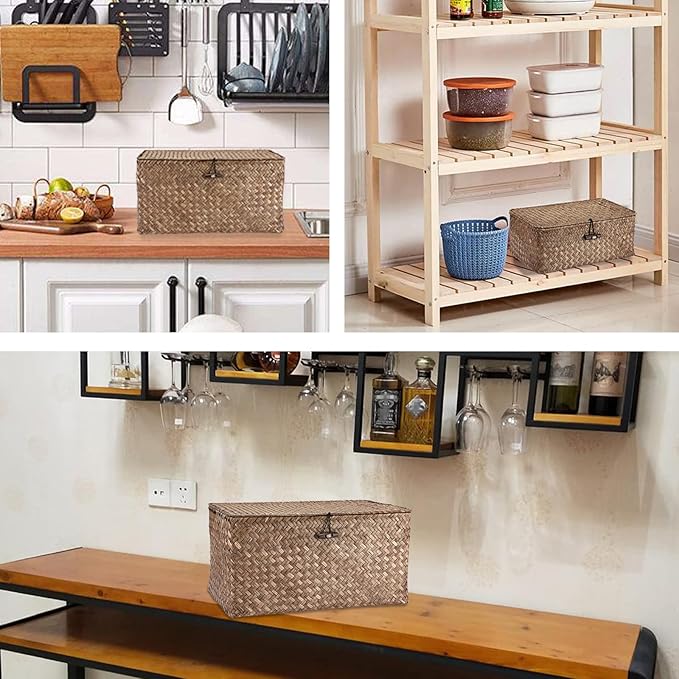 Hipiwe Wicker Shelf Baskets Bin with Lid, Handwoven Seagrass Basket Storage Bins Rectangular Household Basket Boxes for Shelf Wardrobe Home Organizer, Coffee Small