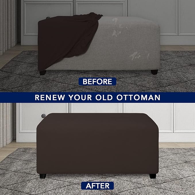 PureFit Super Stretch Soft Form Fit Ottoman Cover Rectangle - Ottoman Slipcovers for Foot Stool & Folding Storage Furniture for Living Room with Nonslip Elastic Bottom (Medium, Chocolate)