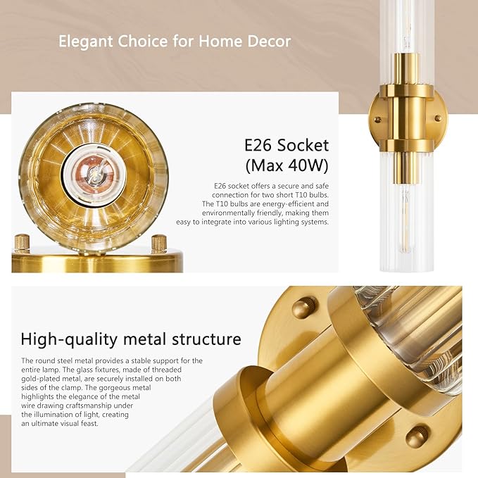 Gold Wall Sconces, 18.2 inch Modern Wall Sconces Lighting with Stripped Glass Shade, 2-Light Inch Gold Vanity Light Wall Lamp for Mirror Bathroom Kitchen Living Room