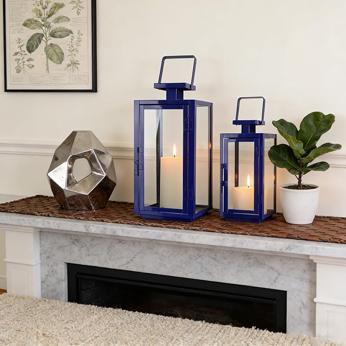 DECORKEY Christmas Lanterns Decorative Outdoor&Indoor, 17''&13'' Set of 2 Xmas Blue Lanterns Decorations for Home, Modern Hanging/Tabletop Candle Holders for Christmas Front Door Porch Patio Decor