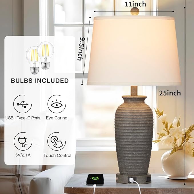 25" Farmhouse Jar Table Lamps Set of 2, 3 Way Touch Control Rustic Bedside Lamps with USB A+C Ports & AC Outlet, Pot Nightstand Lamps for Bedroom Living Room (LED Bulbs Included)