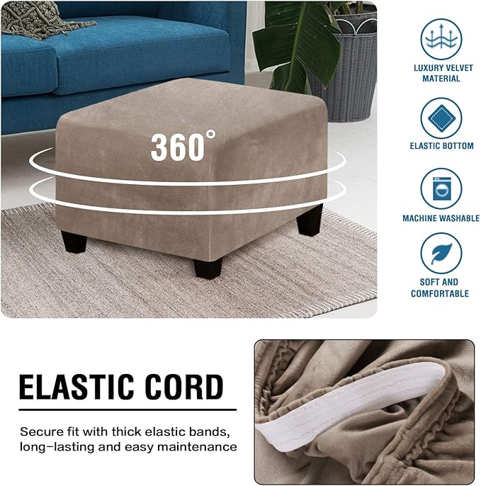 H.VERSAILTEX Square Ottoman Covers Ottoman Slipcover Square Footstool Protector Covers Storage Stool Ottoman Covers Stretch with Elastic Bottom, Feature Real Velvet Plush Fabric, Taupe