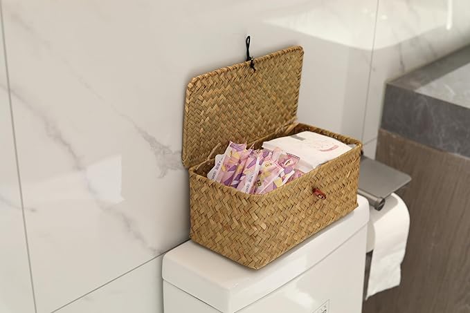 DOKOT Rectangular Handwoven Seagrass Small Storage Basket with Lid for Shelves and Home Organizer Bins,S (10.2"x5.5"x4.3"H), Yellow