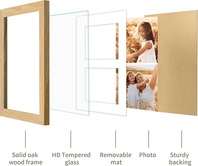 8x10 Picture Frame - 8 x 10 Photo Frame Made of Solid Oak Wood and Real Glass,Display Picture 2 Opening 4x6 with Mat or 8x10 Without Mat for Wall & Tabletop(Color Natural Oak)