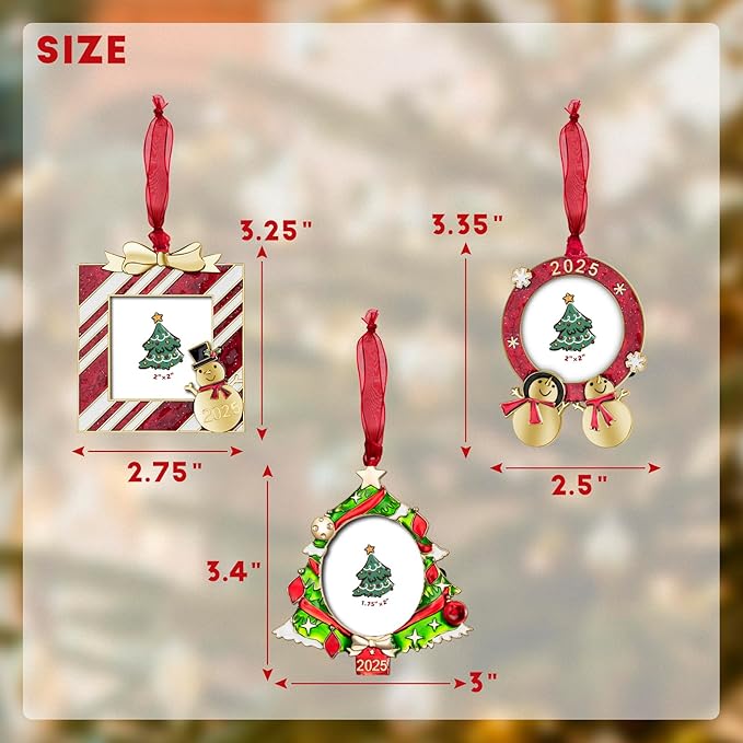 GUOER 3PCS Christmas Tree Ornaments Set Picture Frame Ornament Holiday Keepsake Gift Home Decor Christmas Decorations Xmas Gifts Pendant with 2” Photo Frame Insert (Golden Tree Set 2025)
