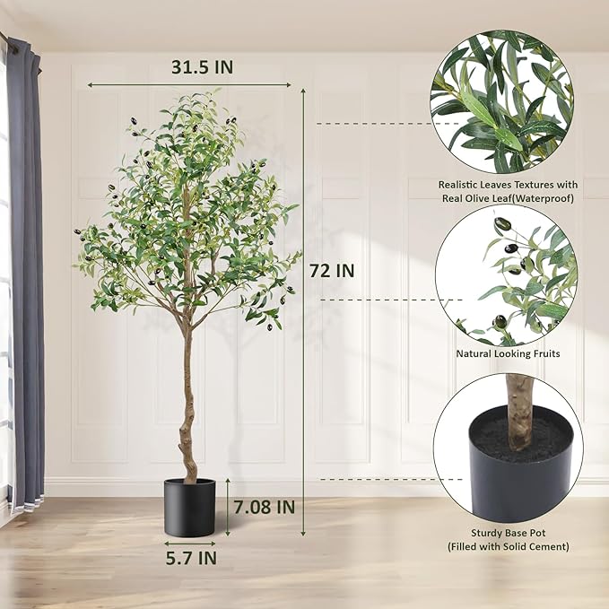 ANTING Artificial Olive Tree, 6FT Tall Faux Olive Tree with Pot, 72in Artificial Plants Indoor Silk Plants with Realistic Trunk,1150 Leaves and Lifelike 44 Fruits for Home Office Decor Outdoor（1pack）