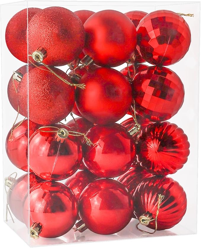 24ct Christmas Balls Ornaments, 2.36 Inch Christmas Tree Balls Ornaments, Decorative Baubles Decorations for Xmas Tree Decor Holiday Party, Red