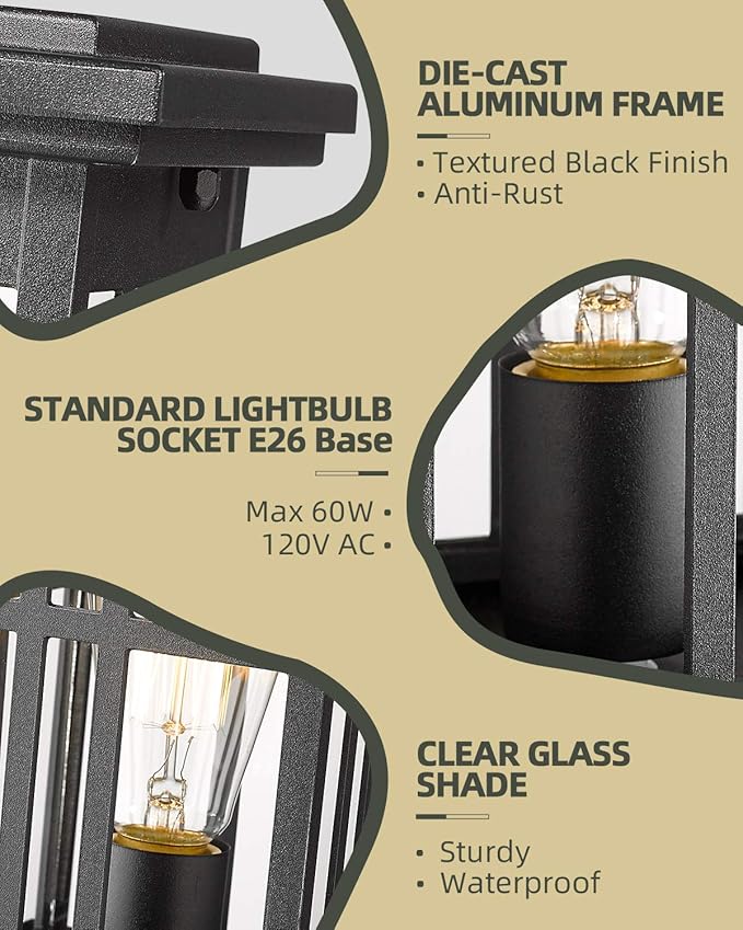 HWH INVESTMENT Industrial Outdoor Post Lantern, Exterior Pillar Light, Waterproof Pole Lantern with Clear Glass Shade, Matte Black Finish, 5HD36P BK