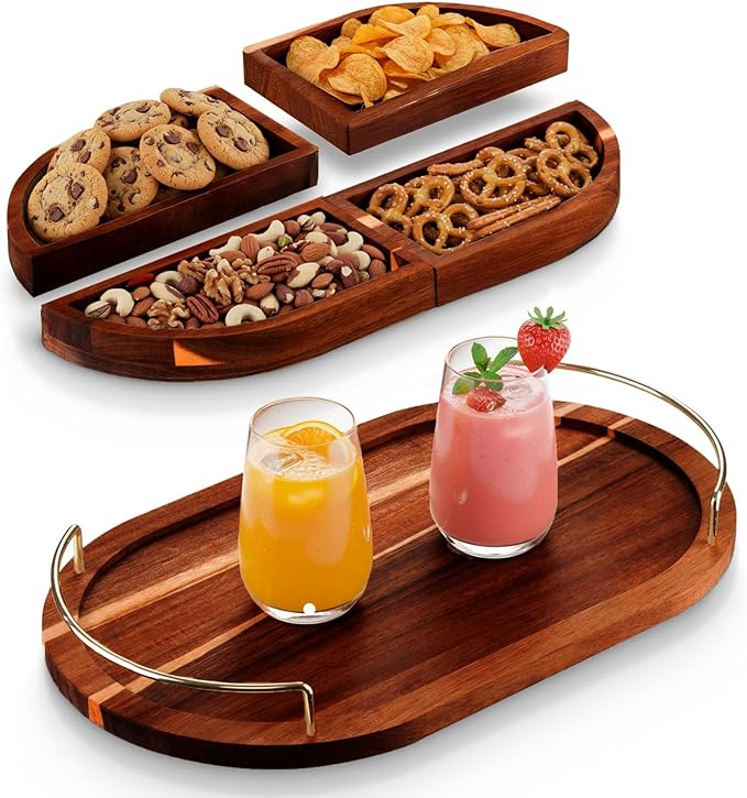 Modular Oval Serving Tray - Acacia | Serving Platter Snack Tray for Party Hosting - Trays for Serving Food, Charcuterie, Fruit Platter Tray for Parties, Appetizer Dishes & Dessert Trays