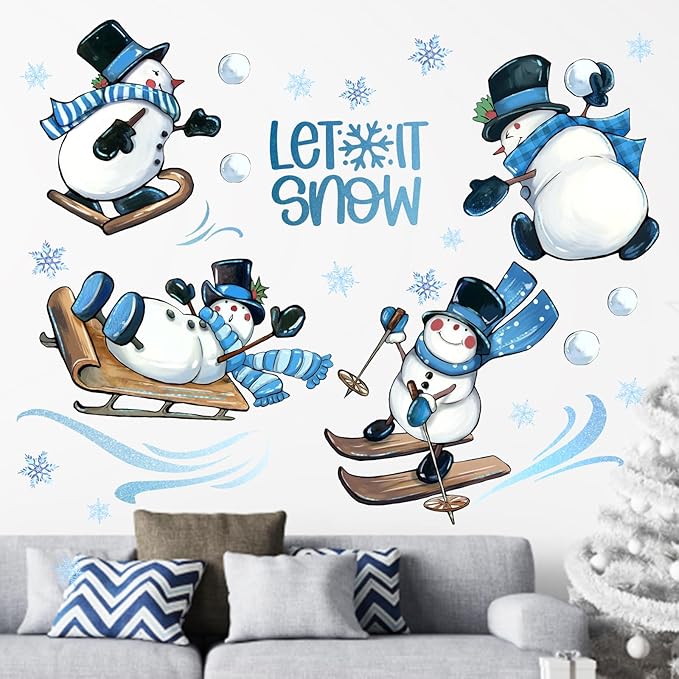 Mfault Winter Snowman Wall Decals Stickers, Let It Snow Winter Sport Sleigh Decorations Bedroom Art, Snowball Snowflakes 2026 New Year Christmas Holiday Home Kitchen Decor