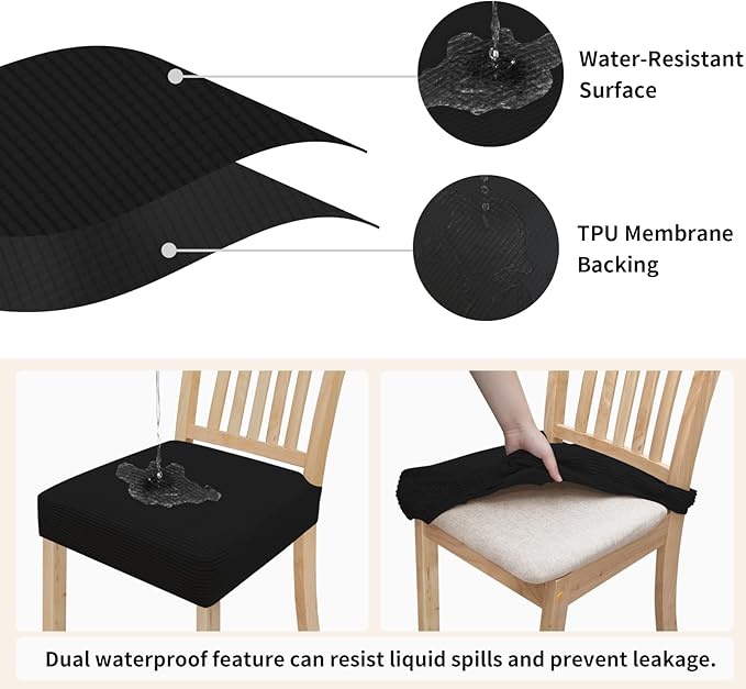Easy-Going 100% Waterproof Seat Covers for Dining Room Chairs, Stretch Jacquard Chair Seat Slipcovers Removable and Washable Kitchen Dining Chair Covers (Set of 2, Black)