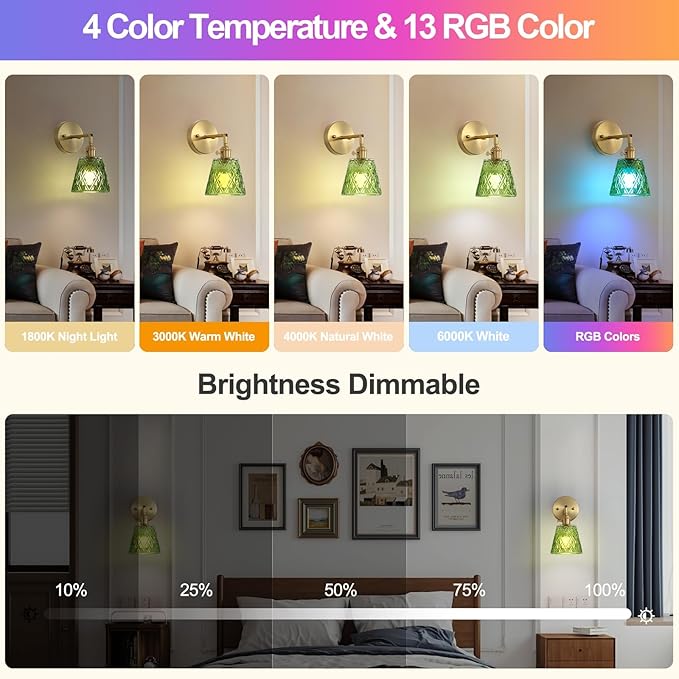 2 Pack Vintage Battery Operated Wall Sconces, Flower Green Lampshade & 180 Degree Adjustable, Wireless Rechargeable RGB Wall Light with Remote Control, for Bedroom Living Room Hallway Aisle