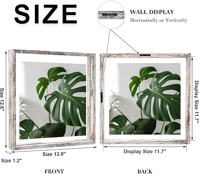 Egofine Distressed White 12x12 Floating Frames Set of 2, Double Plexiglass Picture Frame, Made of Solid Wood Display Any Size Photo up to 12x12, Wall Mount or Tabletop Standing