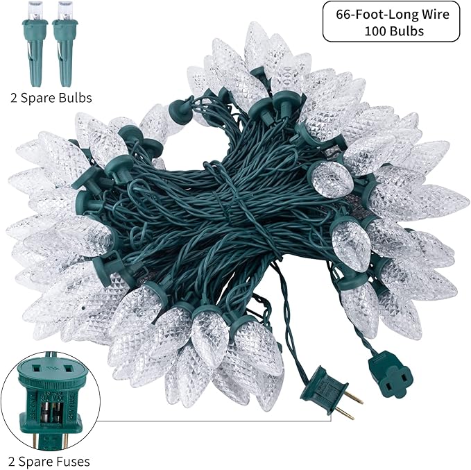 Brightown C9 Christmas String Lights White, 66ft 100 LED Faceted Christmas Lights on Green Wire, Plug-in Large Bulb Strawberry String Lights for House Roof Roofline Christmas Tree Party Outdoor