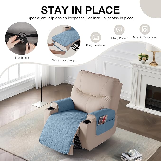 VANSOFY Recliner Chair Covers 100% Waterproof Seat Cover with Arm Reclining Cover Non-Slip Recliner Chair Covers Furniture Protector Washable Slipcover with Pocket for Pets, Dogs(Azuree, 25")
