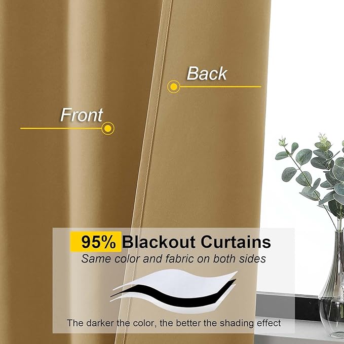 Gold Blackout Curtains for Bedroom Living Room 54 Inch Length 2 Panels Set, Soft Solid Thermal Insulated Room Darkening Curtains Drapes, Modern Rod Pocket Design, Gold, 2PCS Each 40" Wx54 L