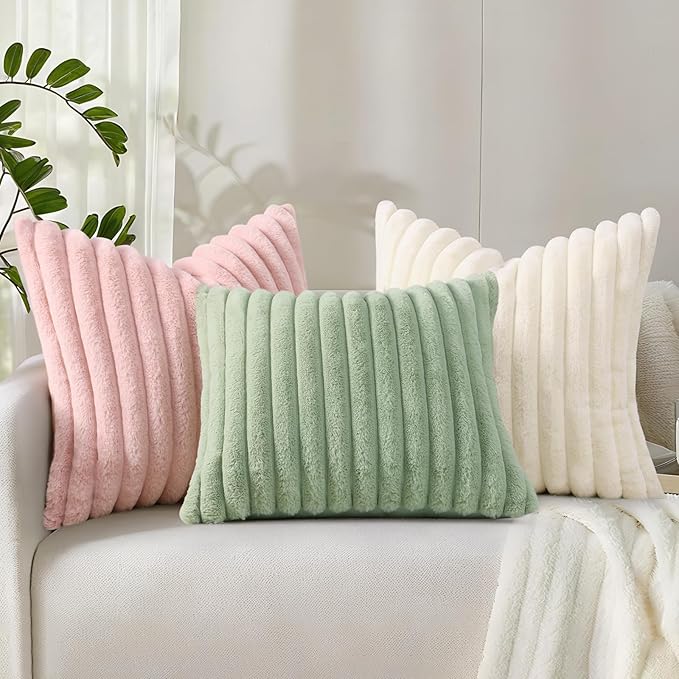 decorUhome Faux Fur Christmas Throw Pillow Covers 12x20 Set of 2, Decorative Soft Plush Striped Lumbar Neutral Couch Euro Pillow Covers with Velvet Back for Sofa, Bed, Living Room Home Decor, Pink