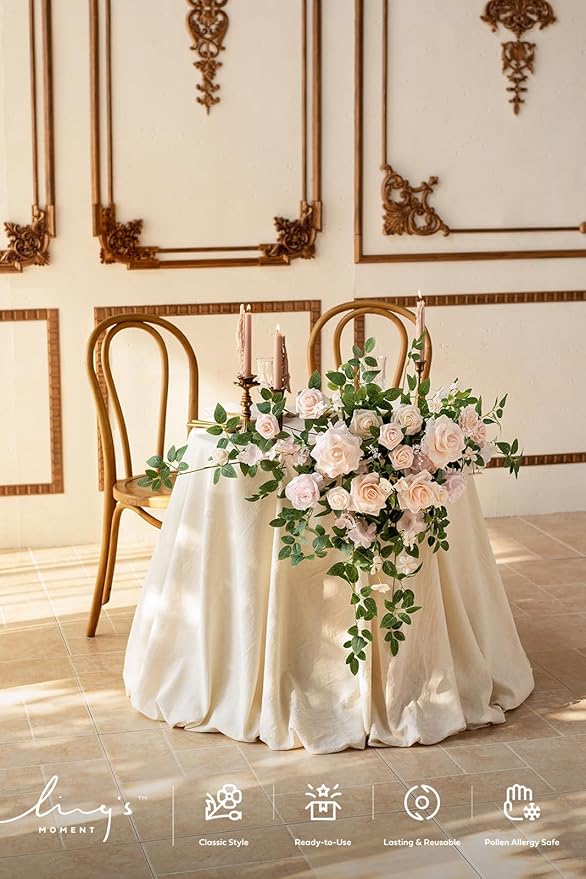 Ling's moment 2PCS Blush Cream Artificial Floral Swags Wedding Arch Flowers Rose Garland Centerpieces Greenery Arrangements for Sweetheart/Head Table Easel Wall Entryway Board Backdrop