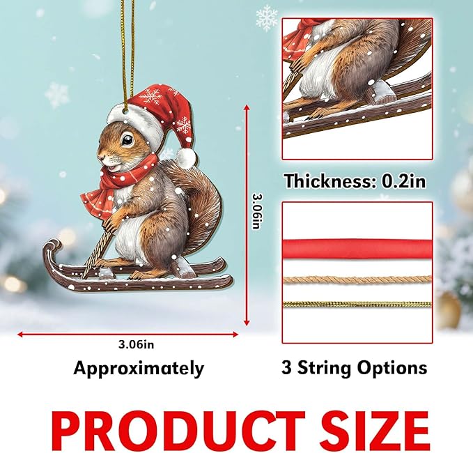 Snowboarding Squirrel Christmas Tree Keepsake Ornaments, Funny Squirrels Themed 2 Side Printed Flat Wooden Ornament, Xmas Hanging Decor