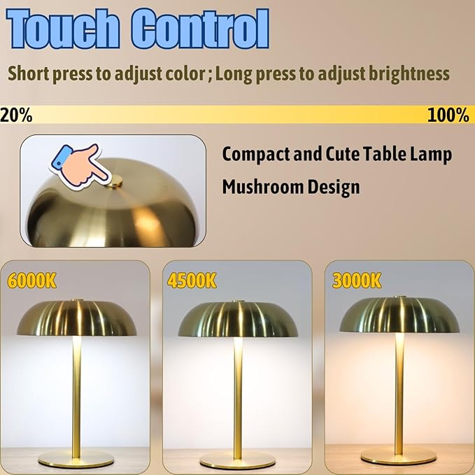 Portable LED Mushroom Table Lamp, Cordless Desk Night Light with 5200mAh Rechargeable Battery, Stepless Dimming Small Lamp with 3 Colors and Brightness Control for Bedroom/Patio/Bar/Coffee shop (Gold)