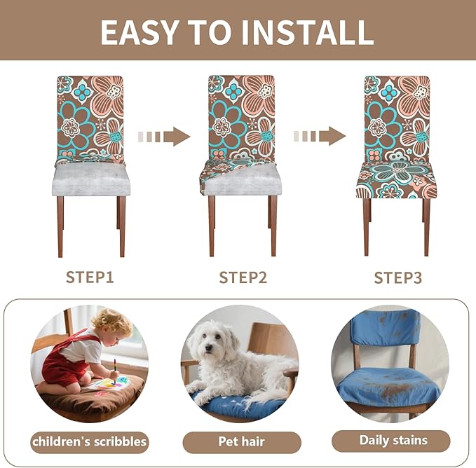 Stretch Dining Chair Covers Set of 6,Floral Print Chair Covers,Soft Removable Washable,Pet Friendly Furniture Protector,Universal Chair Slipcovers for Home, Kitchen,Ceremony Dining Room Seat