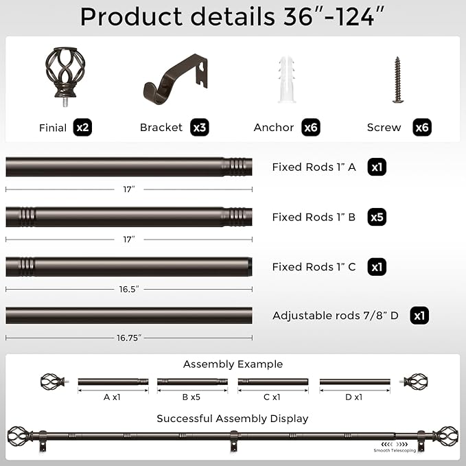Long Bronze Curtain Rods for Windows 66 to 120 Inch, 1" Adjustable Decorative Window Treatment Rods with Aluminium Twisted Cage Finials, Heavy Duty Metal Farmhouse Drapery Pole, Easy Install