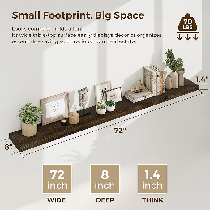 Dreamland 72 inch Floating Shelves for Wall Solid Elm Wood Wall Mounted Shelves|Rustic Long Floating Shelves with Invisible Bracket for Bathroom Living Room Kitchen|Walnut, 1 Pack