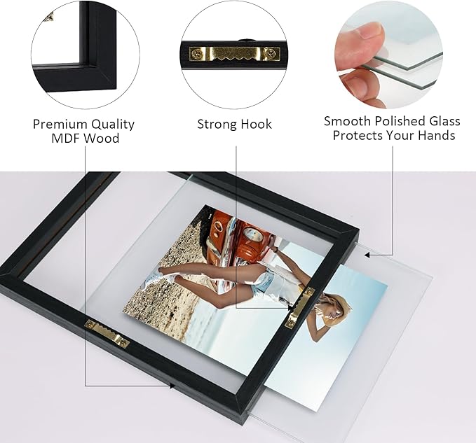 Trwcrt 4x6 Floating Picture Frames Set of 4, Double Glass Photo Frame Display up to 6 x 8 Photos for Desktop or Wall Hanging, Black
