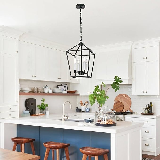 MELUCEE 12-inch Black Cage Chandelier 4-Light Farmhouse Lantern Pendant Light Openwork Cage Hanging Light Fixtures Ceiling with White Candle-Shaped Lamp Holder for Kitchen Island, Dining Room, Foyer