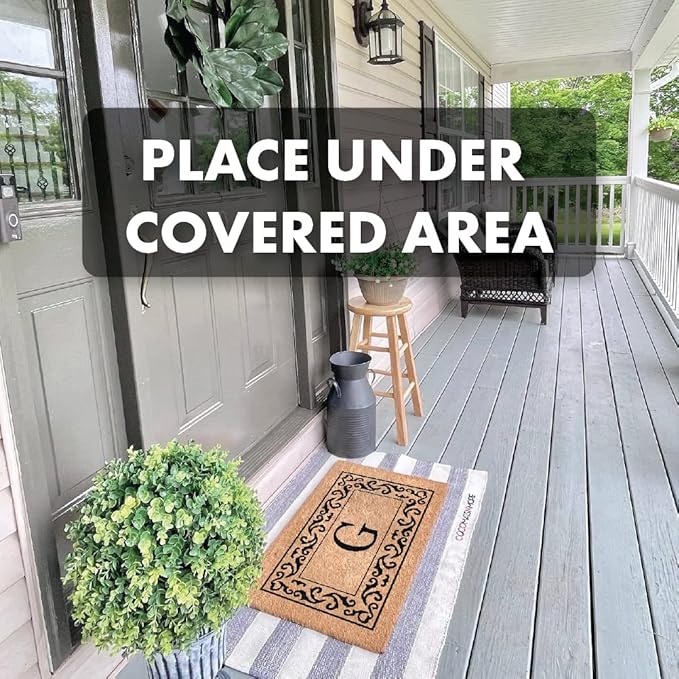 COCO MATS 'N MORE Black Rolling Scrolls Bordered Monogrammed Coco Doormat 18" x 30" with Vinyl Backing | Personalized Monogrammed Coir Outdoor Doormat | Minimal Shedding