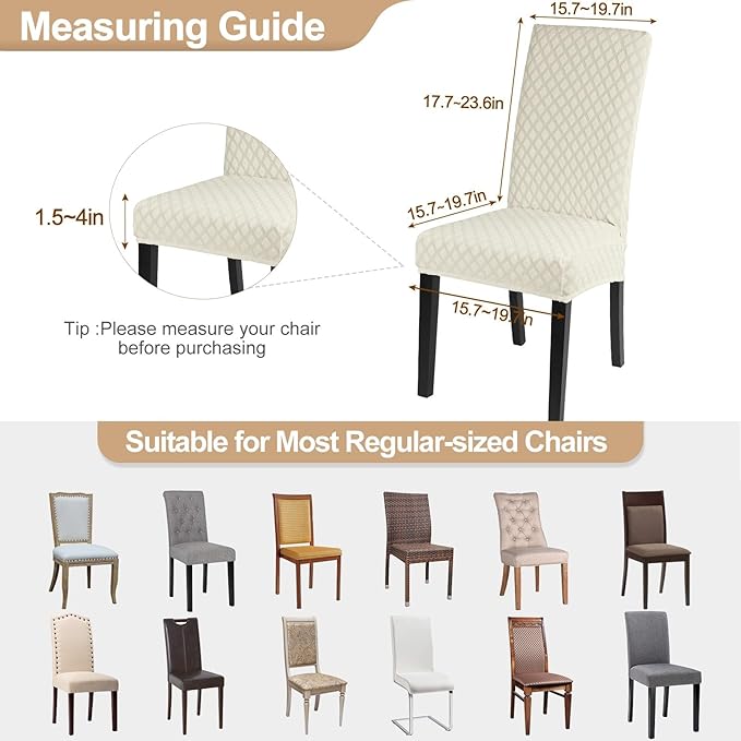 SearchI Dining Room Chair Covers Set of 6, Stretch Jacquard Parsons Chair Slipcovers Super Fit Removable Washable Kitchen Chair Protector Cover for Dining Room, Hotel, Ceremony (Cream)