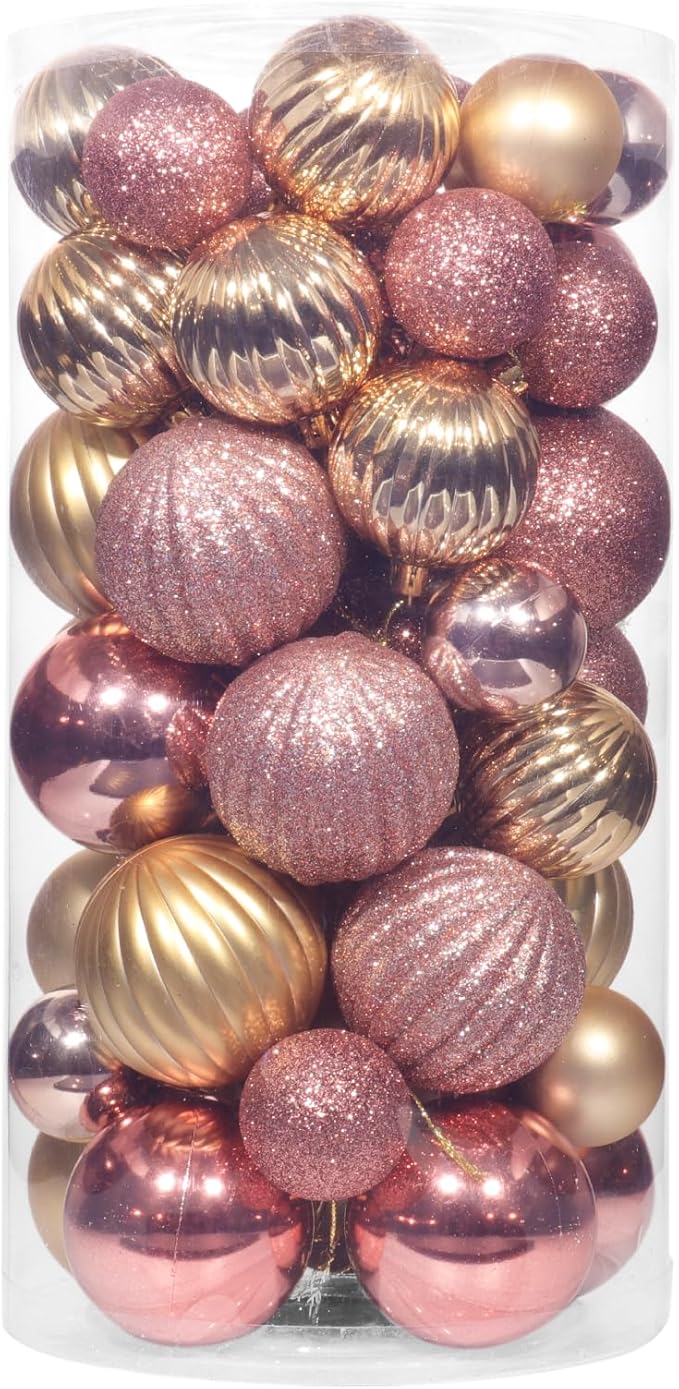 50ct Pink and Gold Christmas Ornaments Set, 2025 Shatterproof Christmas Tree Decorations, Rose Gold Christmas Ball Ornament, Vintage Classic Christmas Ornament Bulk for Christmas Decorations Indoor