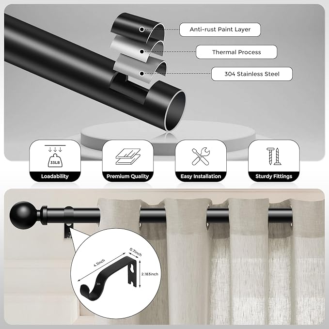 Long Curtain Rods 66 to 120 Inch, Black 1 Inch Adjustable Heavy Duty Curtain Rods for Windows, Decorative Modern Window Treatment Rod, Splicing Metal Drapery Pole, Easy Installation